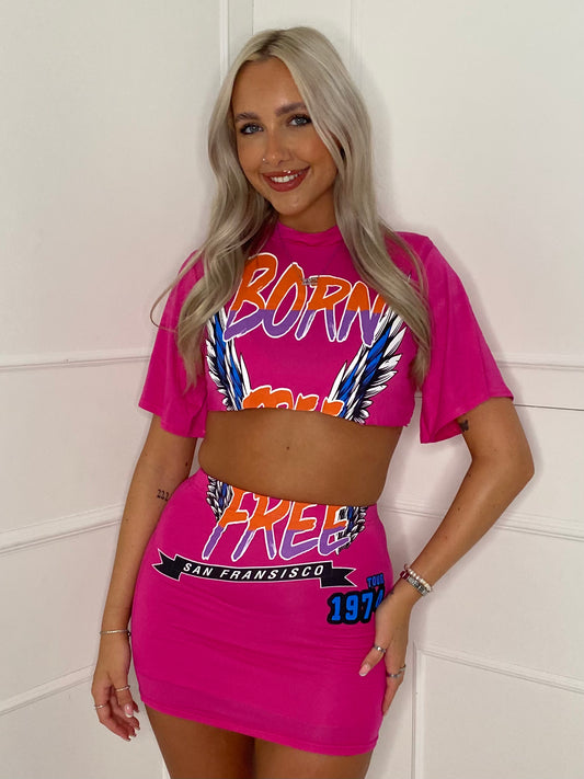 Cropped T-Shirt Co-ord - Hot Pink Born Free Print