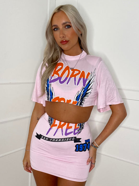 Cropped T-Shirt Co-ord - Baby Pink Born Free Print