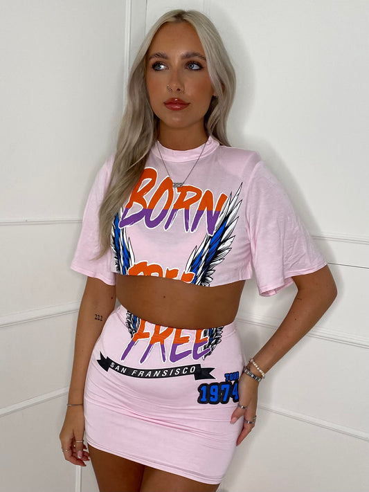 Cropped T-Shirt Co-ord - Baby Pink Born Free Print