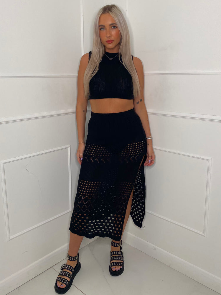 Crochet Maxi Skirt Co-Ord - Black