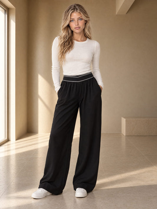Waist Band Contrast Detail Wide Leg Pants - Black