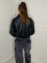 Leather Look Oversized Jacket - Black