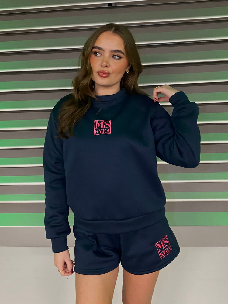 Miskyra Embroidered Sweatshirt & Shorts Set - Navy