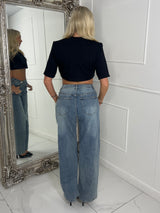 Asymmetric Waistband Wide Leg Denim Jeans - Mid Wash