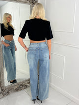 Asymmetric Waistband Wide Leg Denim Jeans - Mid Wash