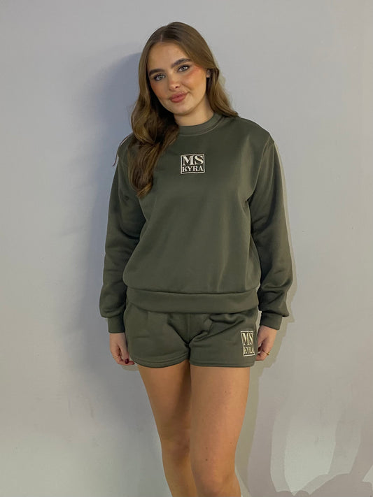 Miskyra Embroidered Sweatshirt & Shorts Set - Khaki