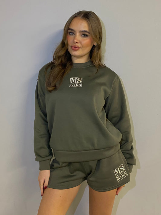 Miskyra Embroidered Sweatshirt & Shorts Set - Khaki