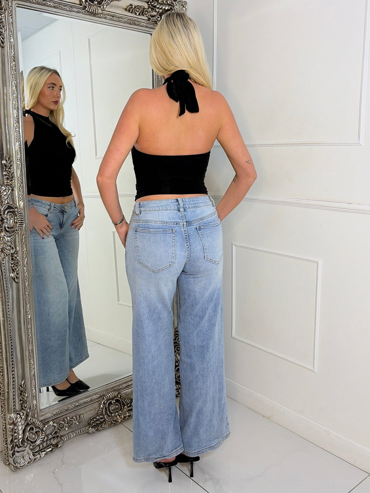 Halter Neck Ruche Detail Backless Top - Black