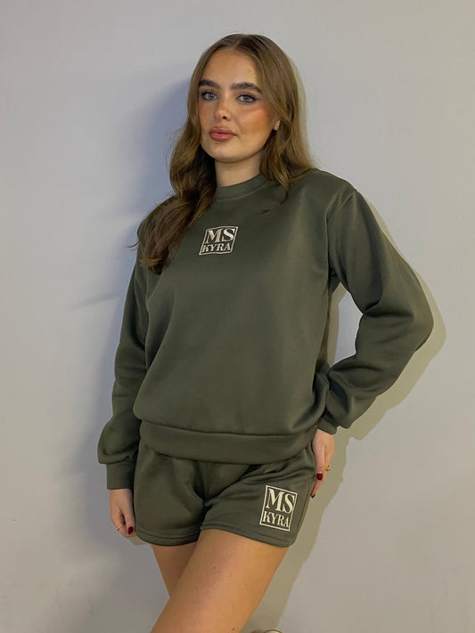 Miskyra Embroidered Sweatshirt & Shorts Set - Khaki