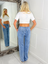 Scattered Diamante Wide Leg Jeans - Blue