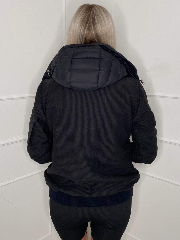Ribbed Contrast Padded Hooded Jacket - black