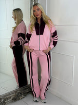 Block Colour Stripe Detail High Neck Tracksuit - Baby Pink/Wine