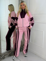 Block Colour Stripe Detail High Neck Tracksuit - Baby Pink/Wine