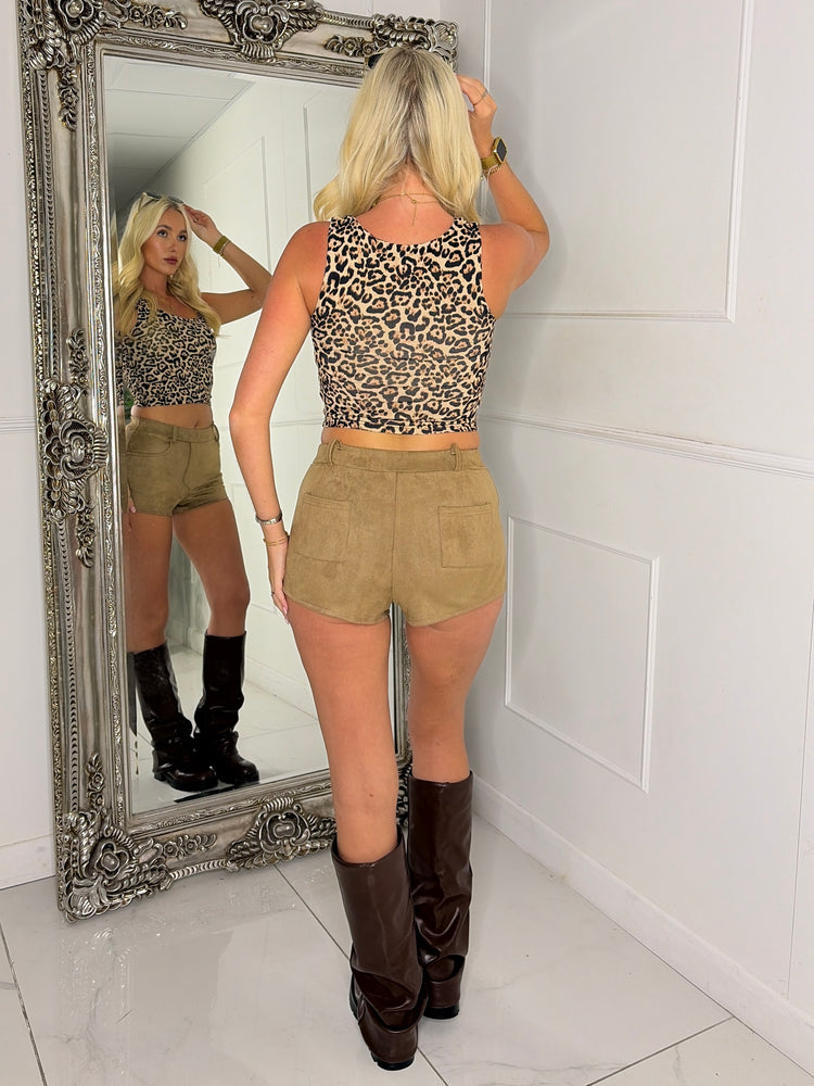 Suede Tailored Mini Shorts - Tan