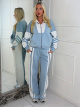 Block Colour Stripe Detail High Neck Tracksuit - Baby Blue/White