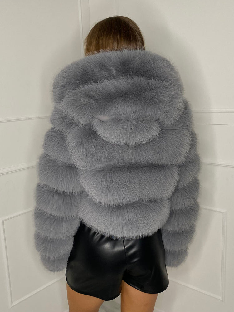 Hooded Faux Fur Jacket- Grey