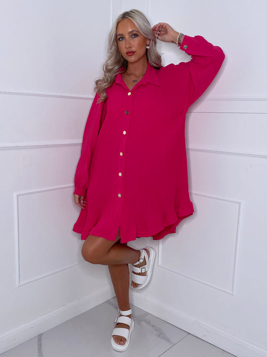 Long Sleeve Pleated Frill Detail Shirt - Pink