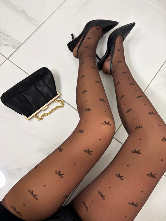 Bow & Dot Patterned 20 Denier Sheer Tights - Brown