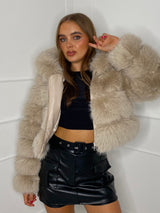 Hooded Faux Fur Jacket- Cream