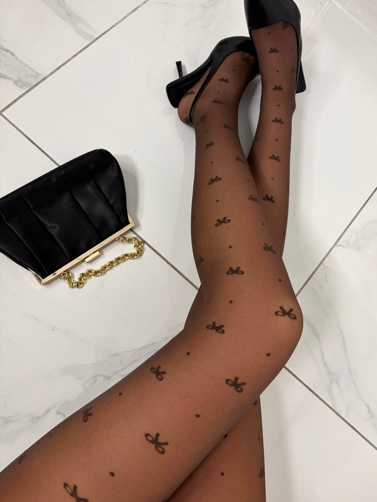 Bow & Dot Patterned 20 Denier Sheer Tights - Brown