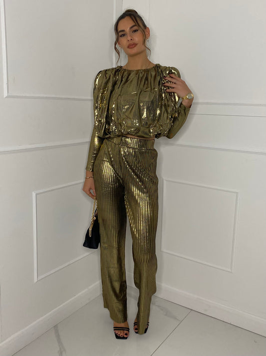 Metallic Look Top & Flares Co-Ord - Gold