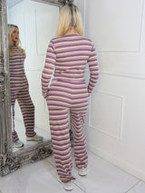 Striped Long Sleeve Button Up Detail Top & Wide Leg Pants Co-Ord - Lilac/Yellow