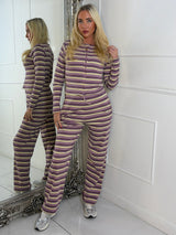Striped Long Sleeve Button Up Detail Top & Wide Leg Pants Co-Ord - Lilac/Yellow