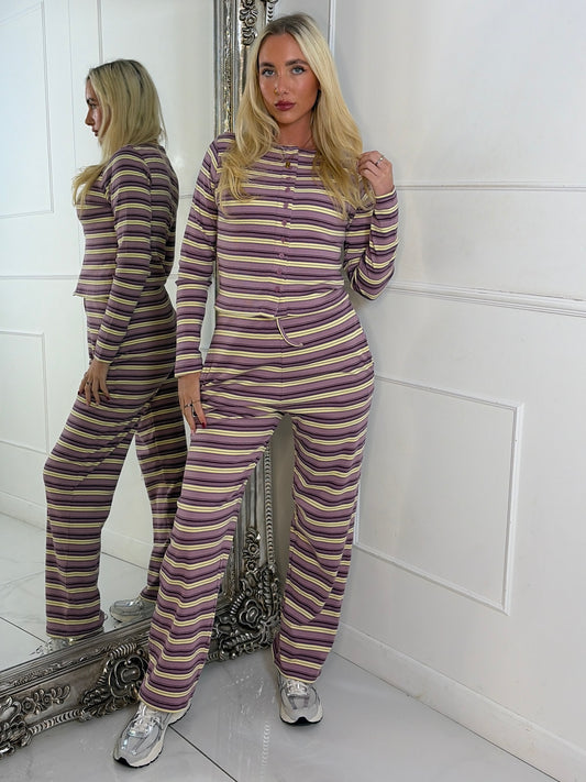 Striped Long Sleeve Button Up Detail Top & Wide Leg Pants Co-Ord - Lilac/Yellow