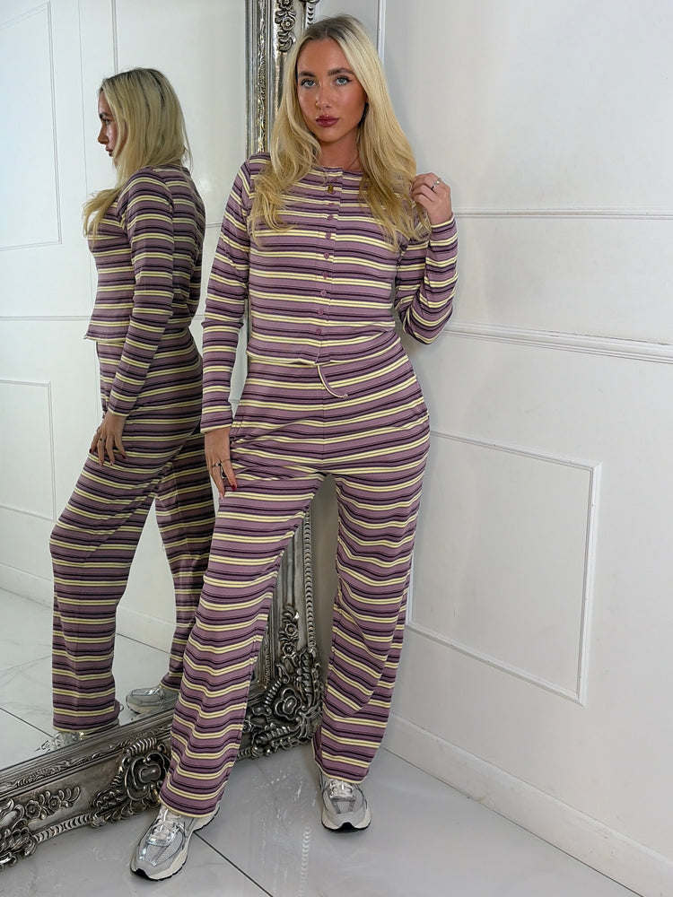 Striped Long Sleeve Button Up Detail Top & Wide Leg Pants Co-Ord - Lilac/Yellow