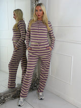 Striped Long Sleeve Button Up Detail Top & Wide Leg Pants Co-Ord - Lilac/Yellow