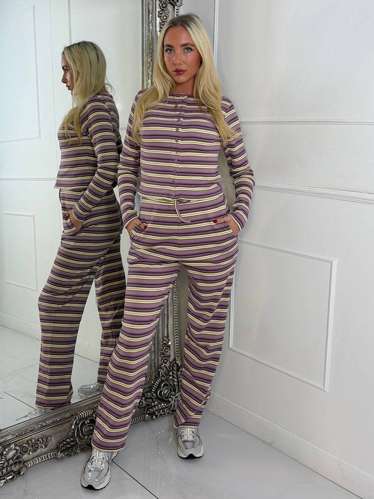 Striped Long Sleeve Button Up Detail Top & Wide Leg Pants Co-Ord - Lilac/Yellow