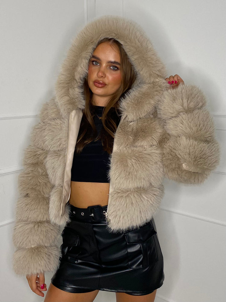 Hooded Faux Fur Jacket- Cream