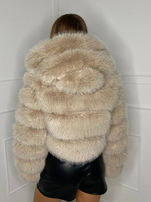 Hooded Faux Fur Jacket- Cream