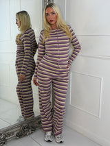 Striped Long Sleeve Button Up Detail Top & Wide Leg Pants Co-Ord - Lilac/Yellow
