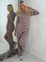 Striped Long Sleeve Button Up Detail Top & Wide Leg Pants Co-Ord - Lilac/Yellow
