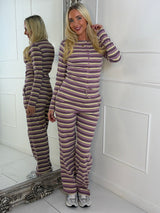 Striped Long Sleeve Button Up Detail Top & Wide Leg Pants Co-Ord - Lilac/Yellow