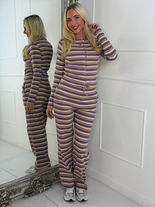 Striped Long Sleeve Button Up Detail Top & Wide Leg Pants Co-Ord - Lilac/Yellow