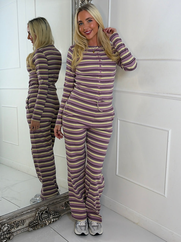 Striped Long Sleeve Button Up Detail Top & Wide Leg Pants Co-Ord - Lilac/Yellow