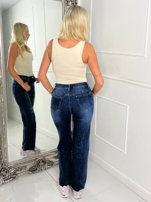 Raw Hem Wide Leg Jeans - Dark Wash