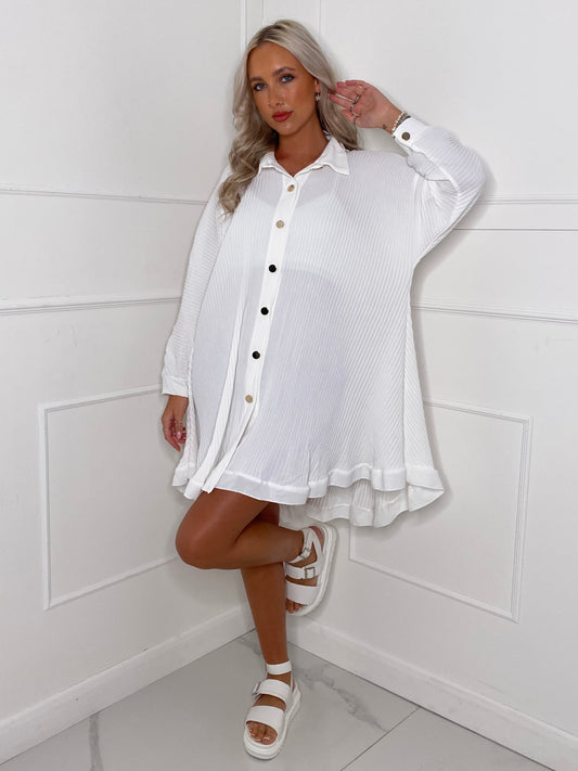 Long Sleeve Pleated Frill Detail Shirt - White