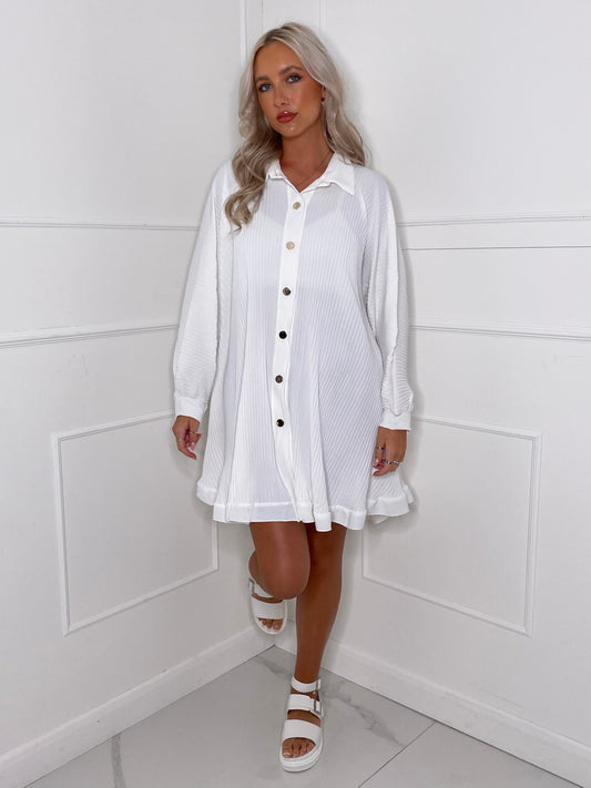 Long Sleeve Pleated Frill Detail Shirt - White