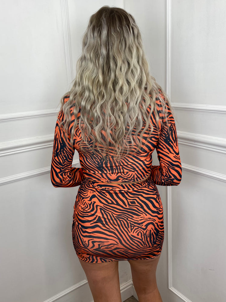 Printed Slit Sleeve Skirt Co-Ord- Orange Zebra