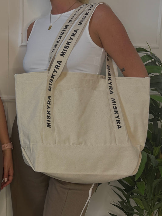 Miskyra Branded Pocket Detail Tote Bag - Natural