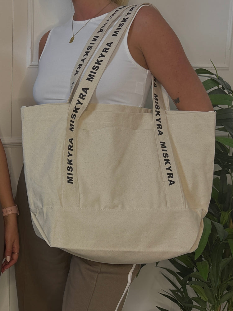 Miskyra Branded Pocket Detail Tote Bag - Natural