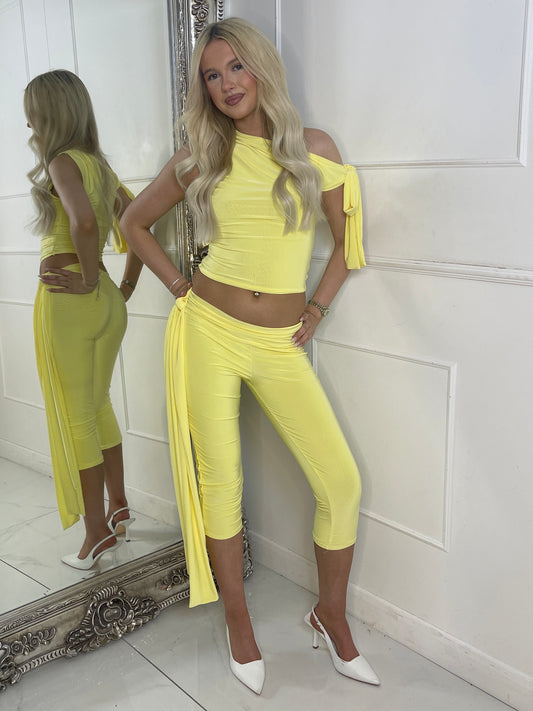Asymmetric Tie Shoulder Top & Capri Pants Co-Ord - Lemon Yellow
