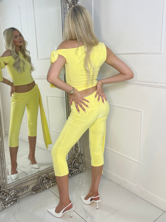 Asymmetric Tie Shoulder Top & Capri Pants Co-Ord - Lemon Yellow