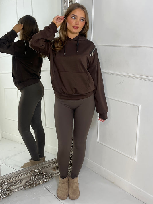 Shoulder Zip Detail Lightweight Hoodie - Brown