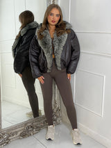 PU Faux Fur Collared Bomber Jacket - Brown