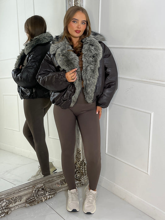 PU Faux Fur Collared Bomber Jacket - Brown