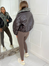 PU Faux Fur Collared Bomber Jacket - Brown